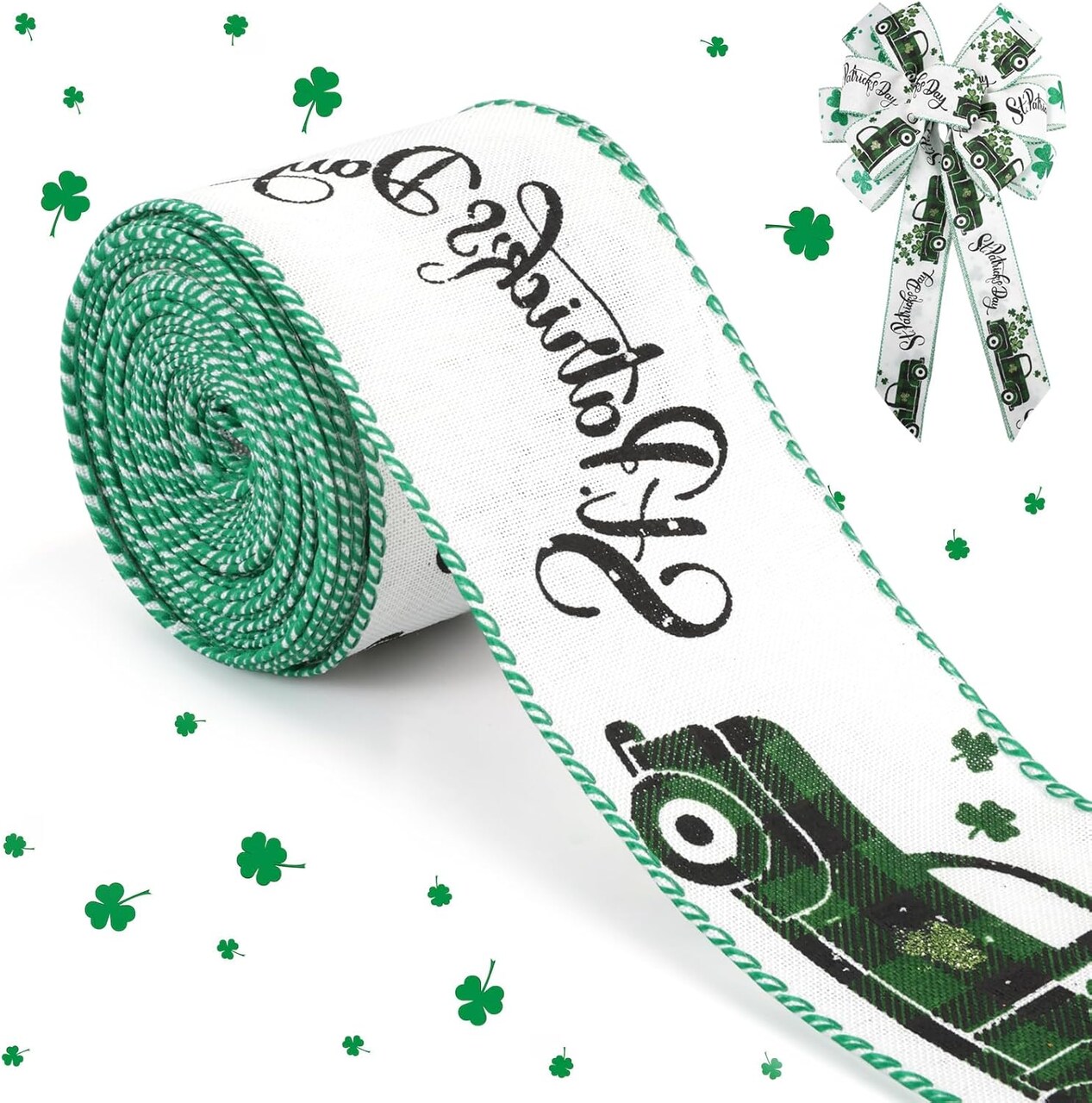 St. Patricks Day Ribbon Wired, Glitter Shamrock Green Truck Fabric Ribbons Gift Wrapping DIY Craft Wreath
